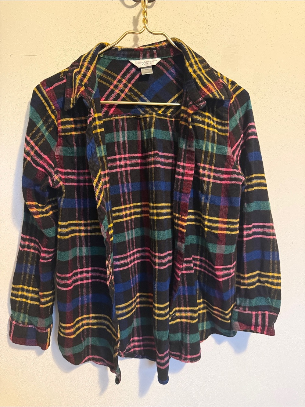 Christopher & Banks Petite Plaid Shirt - Navy with Pink & Gold Stripes